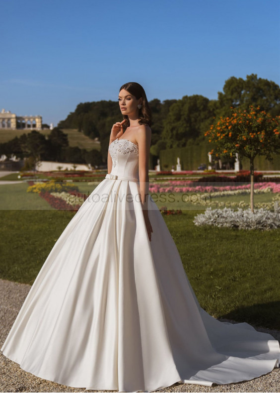 Beaded Strapless Ivory Satin Classic Wedding Dress